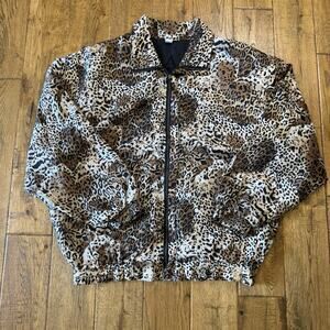 VTG coAco Silk Bomber Lightweight Zip Jacket Leopard Animal Print Womens Sz L